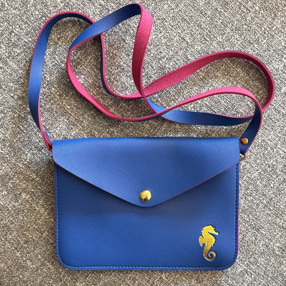 Blue and Pink Crossbody Bag with Seahorse Design